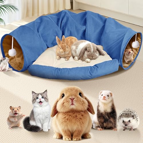 Spardar Bunny Tunnel Bed, 2-in-1 Collapsible Tunnel Tubes Toys, Washable, with Removable Mat Hideout, Interactive Toys for Rabbits Chinchilla Hedgehog Guinea Pigs Kitty, Blue - color: Blue