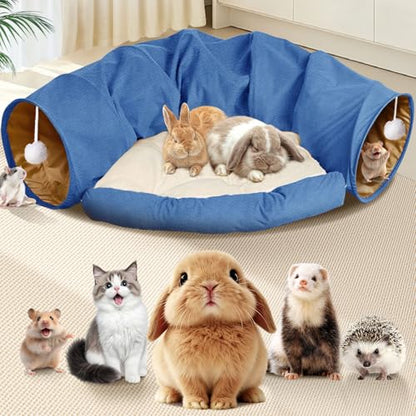 Spardar Bunny Tunnel Bed, 2-in-1 Collapsible Tunnel Tubes Toys, Washable, with Removable Mat Hideout, Interactive Toys for Rabbits Chinchilla Hedgehog Guinea Pigs Kitty, Blue - color: Blue