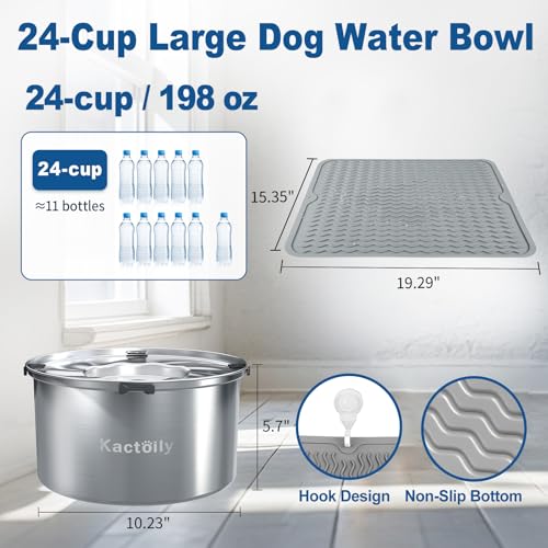 kactoily 1.47 Gal Stainless Steel Dog Water Bowl, 24 Cups Large No Spill Dog Bowl with Non-Slip Mats, Splash Proof Slow Water Drinking for Messy Drinkers - color: Grey