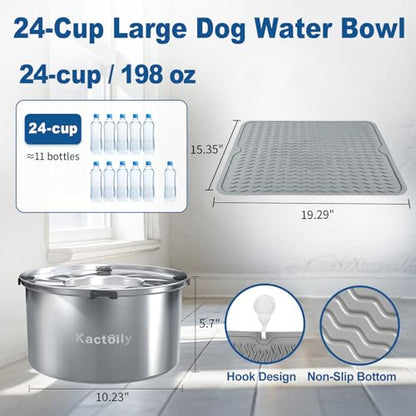 kactoily 1.47 Gal Stainless Steel Dog Water Bowl, 24 Cups Large No Spill Dog Bowl with Non-Slip Mats, Splash Proof Slow Water Drinking for Messy Drinkers - color: Grey