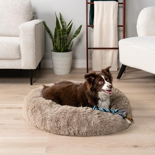 PetAmi Calming Dog Bed for Small Medium Dog Cat, Round Donut Dog Bed Washable, Fluffy Faux Fur Plush Cuddler Pet Kitten Cushion Bed, Anti-Slip, Fits up to 45 lbs, 30 inch, Taupe - color: Taupe, size: Medium - 30"