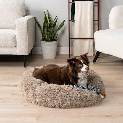 PetAmi Calming Dog Bed for Small Medium Dog Cat, Round Donut Dog Bed Washable, Fluffy Faux Fur Plush Cuddler Pet Kitten Cushion Bed, Anti-Slip, Fits up to 45 lbs, 30 inch, Taupe - color: Taupe, size: Medium - 30"