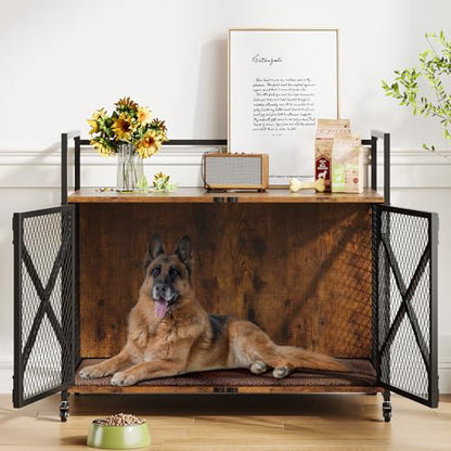 GarveeLife 41 in Dog Crate Furniture, Heavy Duty Decorative Dog Cage with Lockable 360° Wheels, Double Door Dog Kennel End Table for for Small Medium Large Dog, Rustic Brown