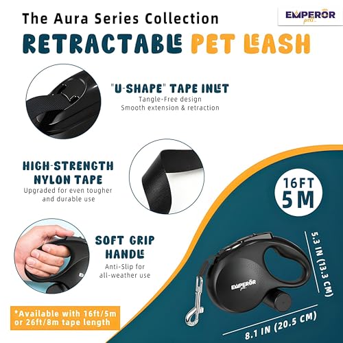 16 ft Retractable Dog Leash Black - Heavy Duty Retractable Pet Leash with Anti-Slip Grip for Medium to Large Dogs up to 110 lbs -Aura BB16 - color: Black, size: 16 ft