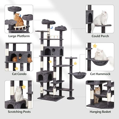 Meecal 79in Giant Cat Tree for Heavy Duty Big Cats, Large Cat Trees with Scratching Post, Cat Tree Tower with Cat Condos, Hammock & Plush Perch for Maine Coon, Smoky Gray - color: Smoky Gray