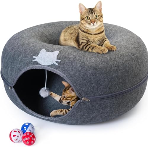 Meow Mansion Large Cat Cave Donut - Cat Tunnel; up to 30lbs - 3 Toy Balls & Hanging Ball Included - Scratch Resistant, Detachable and Cleanable Cat Donut Bed - color: Gray