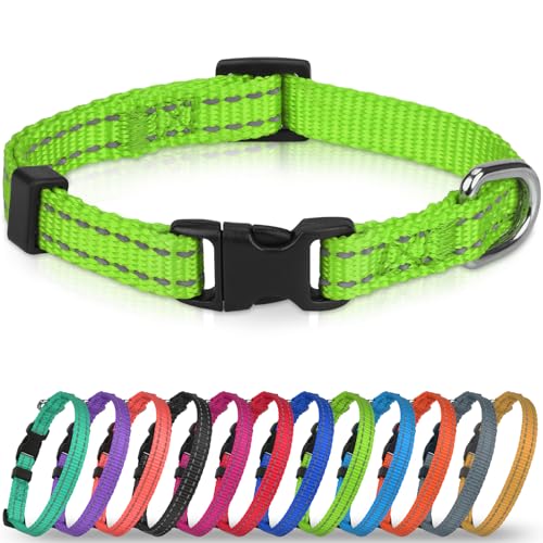 Joytale Puppy Collar, Feather-Light Double-Sided Reflective Nylon Collar for Night Safety, Adjustable Quick-Release for Extra Small Dogs, Green, XS (3/8" Width) - color: Green, size: XS: Width 3/8", Neck 8-12"
