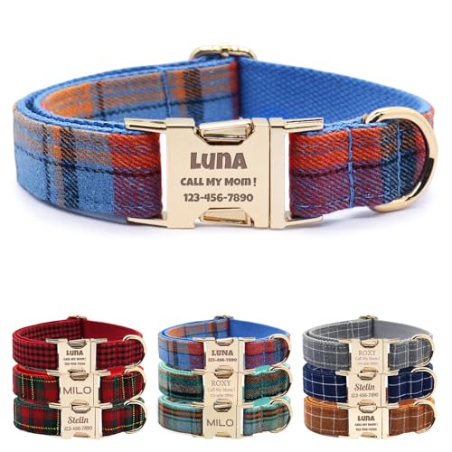Custom Dog Collar with Name and Phone Numbers - Personalized Laser-Engraved Plaid Polyester Collar with Metal Buckle and D-Ring (Style-C, S (9-13 Inches)) - color: Style-C, size: S (9-13 Inches)