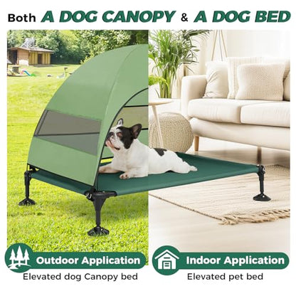 Windproof Elevated Dog Bed with Canopy & Stakes, 3-Sided 90% UV Block, Chew-Proof Teslin Mesh Mat for Large Dogs up to 150lbs(Green Large) - color: Green, size: Large