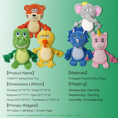 Cute Animals Interactive Squeaky Dog Toy with a Vocal Bladder, Crinkle Paper Stuffed Soft Cotton Chew Toy, Teething Rope Tug of War Pull Toy to Keep Them Busy for Puppy, Small Dogs - Green T.Rex - color: Green T.Rex