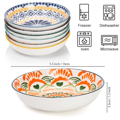 Foraineam 6 Pack 5.5 inch Wide Shallow Cat Food Bowl Set Ceramic Cat Bowls, 8oz Whisker Friendly Cat Dishes, Colorful Kitten Feeding Bowls for Food and Water, Microwave and Dishwasher Safe