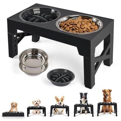 PAWISE Elevated Dog Bowls, Raised Dog Bowl with Slow Feeder Bowl & Stainless Steel Bowls, 5 Heights Adjustable Dog Feeding Bowl Stand for Small Medium Large Dogs, Food Dishes with Non-Slip Feet