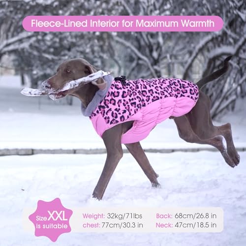 FUAMEY Dog Coat for Small Dogs,Waterproof Dog Winter Jacket with Harness Built in Puppy Cold Weather Coats Reflective Pet Vest with Zipper Warm Fleece Dogs Snowsuit Windproof Pink Leopard XS - color: Pink Leopard, size: XS(chest:14in)