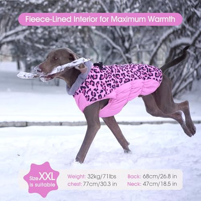 FUAMEY Dog Coat for Small Dogs,Waterproof Dog Winter Jacket with Harness Built in Puppy Cold Weather Coats Reflective Pet Vest with Zipper Warm Fleece Dogs Snowsuit Windproof Pink Leopard XS - color: Pink Leopard, size: XS(chest:14in)