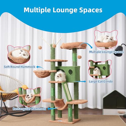 Hey-brother Cat Tree, 53 inch Cat Tower for Indoor Cats, Cat House with Padded Platform Bed, Toy Balls, Large Cozy Condo, Hammocks and Sisal Scratching Posts, Cactus MPJ019SCA - color: Cactus