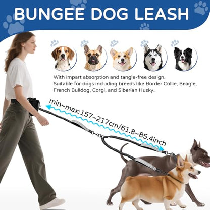 Skmeditec Hands Free Double Dog Leash with Waist Bag for Walking Two Dogs, Shock Absorbing Bungee Leash with Zipper Pouch for Running, Dual Padded Handles & Adjustable Waist Belt - size: 2 Dogs