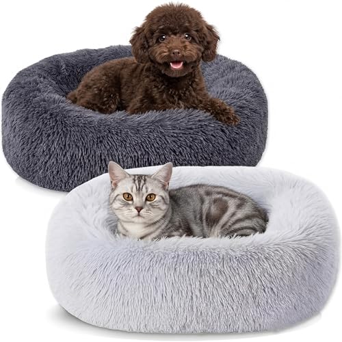2-Pack Small Calming Dog & Cat Bed Anti Anxiety Fluffy Plush Pet Beds with Anti-Slip Bottom Machine Washable Interchangeable Pet Bed for Kittens & Puppies(Gray Series,21x16.5 Inch) - color: Gray Series