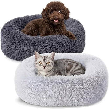 2-Pack Small Calming Dog & Cat Bed Anti Anxiety Fluffy Plush Pet Beds with Anti-Slip Bottom Machine Washable Interchangeable Pet Bed for Kittens & Puppies(Gray Series,21x16.5 Inch) - color: Gray Series