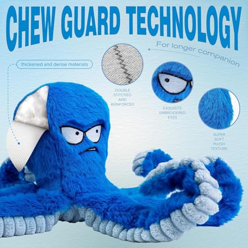 LEGEND SANDY Tough Dog Toys, Stuffed Chew Large Dog Toys to Keep Them Busy, Interactive Squeaky Tug of War Doggie Toy, Crinkle Blue Octopus (Blue Octopus 2p) - color: Blue Octopus 2pack
