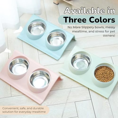Double Dog Food Bowls Stainless Steel - Puppy Food and Water Bowl Set with Weighted Non-Slip Base - Non-Skid Design - Dog Bowl Set for Puppy Cats Kitten Small Medium Dogs - Blue - color: Blue