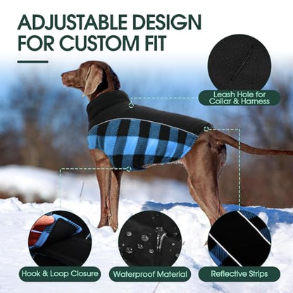 Kuoser Dog Winter Coat, Reversible Waterproof Dog Jacket with Reflective Strip, Warm Dogs Fleece Vest Adjustable Doggy Cold Weather Clothes Plaid Christmas Outfit Pet Apparel for Medium Dogs, Blue M - color: Blue, size: Medium (Chest Girth: 17.3-20.9'' )