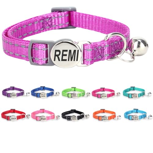 Engraved Personalized Cat Collar,Breakaway Safety Release Buckle,Reflective Kitten Collars with ID Name Tag,Adjustable Nylon Collar with Bell for Small Dogs Puppy Kitten Cat,Purple(7.5''-12.0'') - color: Purple