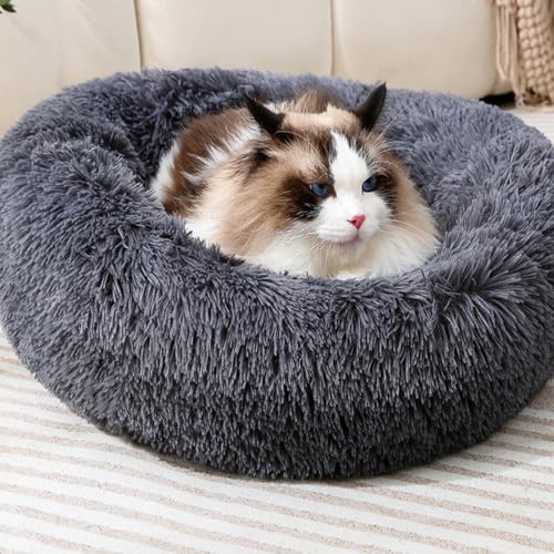 Plush Donut Cat Bed and Dog Bed Round Calming Pet Beds Fluffy Rabbit Cave Warm Dog Couch Non Slip Bottom for Pets Up to 10KG - size: 23.6INCH