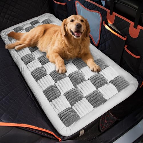 Dog Bed for Car Back Seat Soft Plush Backseat Pet Bed Mat Non-Slip Travel Pet Mat, Fuzzy Plaid Dog Seat Cover, Fit for Backseat Extenders and Trucks SUVs (Gray and White, 54" x 24.8") - color: Gray and White