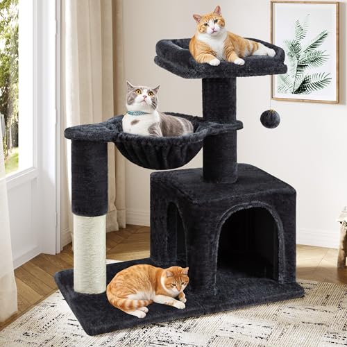 Allewie 29.5in Indoor Cat Tree, Multi-Level Cat Tower with Sisal Scratching Posts, Padded Perch, Basket, Condo, and Hanging Ball, Suitable for Kittens and Adult Felines,Dark Grey - color: Dary Grey