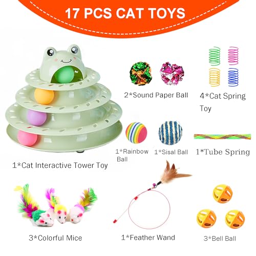 17 Pack Cat Toys, 4-Level Turntable Ball Track Interactive Cat Toy for Indoor Cats, Self Play Fun Roller with Colorful Rotating Ball Puzzle Exercise Kitten Toys Set - color: Light Green