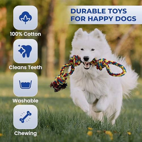 Pup Quartet Dog Rope Toy for Aggressive Chewers 2-Pack Tug of War Dog Toy with Thick Knots Heavy Duty Rop Toys for Dogs – Indestructible Rope Chew Toys for Medium & Large Dogs - color: blue/white and yellow/blue/red