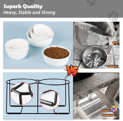 Ceramic Elevated Dog Bowl Set - Raised Double Feeding Bowls with Metal Stand - Pet Dishes for Medium and Large Dogs - 5.8 Cups - 47.3 fl oz - Matte White - color: Matte White, size: XL-800ml