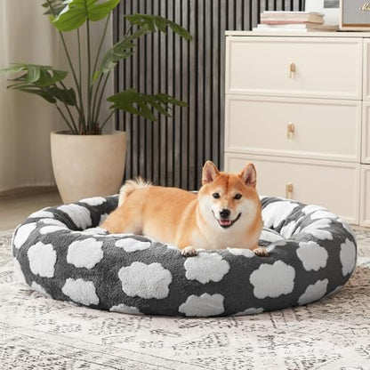 JOEJOY Donut Large Dog Bed, Cute Round Calming Dog Bed with Removable Washable Cover, Orthopedic Pet Beds with Jacquard Shaggy Plush & Non Skid Bottom, Black - color: Grey, size: L (36x36x10)