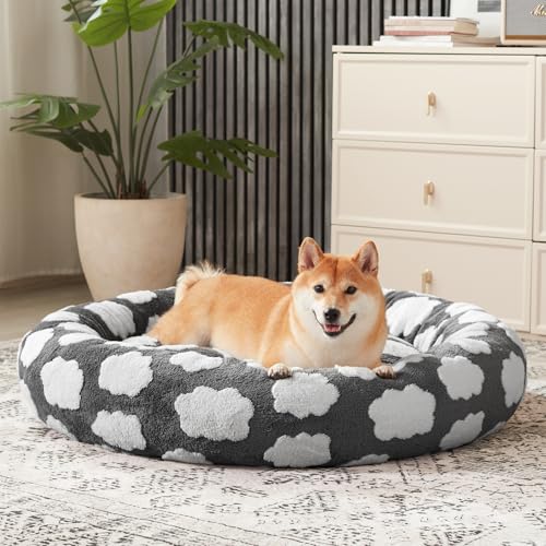 JOEJOY Donut Large Dog Bed, Cute Round Calming Dog Bed with Removable Washable Cover, Orthopedic Pet Beds with Jacquard Shaggy Plush & Non Skid Bottom, Black - color: Grey, size: L (36x36x10)