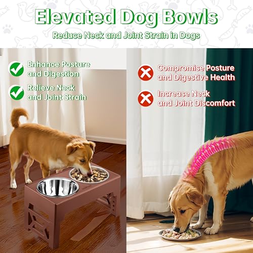 EliteField Elevated Dog Bowls (2-Year Warranty), Two 58 oz Stainless Steel Food Bowls, 5 Adjustable Raised Heights (4", 9.5", 10.5", 11.5", 12.75") Suitable for Dogs of All Ages, Small to Large Sizes - color: Brown, size: 2 Stainless Steel Bowls