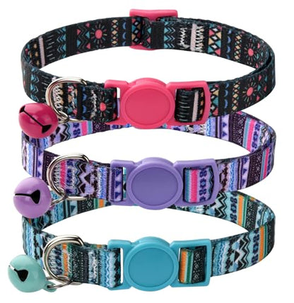 Cat Collar Breakaway with Bells, 3 Pack Girl Boy Pet Cat Collar with Bohemia Floral Tribal Geometric Patterns, Adjustable 7.5-12 Inch, with Safety Buckle for Kitten Cat(Set B) - color: Set B