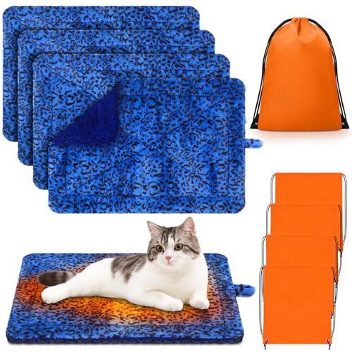 Riakrum 4 Pack Self Warming Cat Bed Mats Leopard Print Cat Dog Thermal Blanket Double Sided Self Heating Pet Pad with Storage Bags for Pet Winter Outdoor Indoor Supplies, Non Electric(M) - size: M