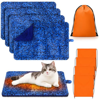 Riakrum 4 Pack Self Warming Cat Bed Mats Leopard Print Cat Dog Thermal Blanket Double Sided Self Heating Pet Pad with Storage Bags for Pet Winter Outdoor Indoor Supplies, Non Electric(M) - size: M