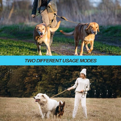 Double Dog Leash, No Tangle Dual Leash, Reflective Walking Training Lead, 4 Comfortable Padded Handles for 2 Dogs with Collapsible Bowl and Waste Bags (Light Khaki, Large) - color: Light Khaki