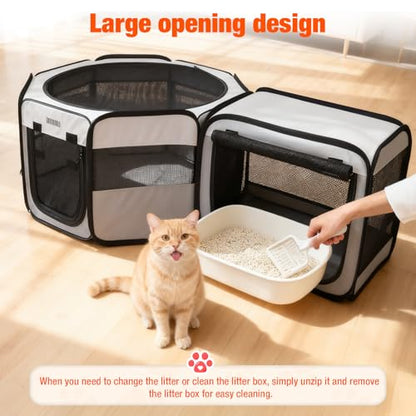 2-in-1 Portable Cat Playpen, [48 * 26 * 26in] Large Pet Playpen with Detachable Litter Box Enclosure Playpen, Pop-Up Indoor/Outdoor Puppy Kennel for Cats/Small Dogs/Rabbits, Foldable with Carry Bag