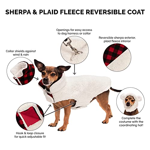 Furhaven Reversible Medium Dog Coat, Washable & Insulating w/ Leash Access - Sherpa & Plaid Fleece Flex-Fit Jacket - Cream/Red, Medium - color: Cream/Red Plaid, size: Medium
