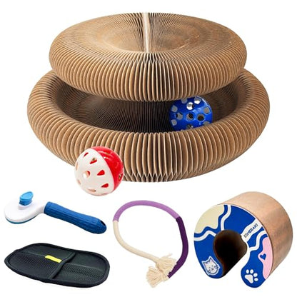 Flexible Cat Scratcher Bundle with Built-In Ball Track - Interactive Shape Shifting Magic Organ Cat Toys for Indoor Cats - Corrugated Cardboard, Magnetic Design, Foldable Space Saving for Bored Cats