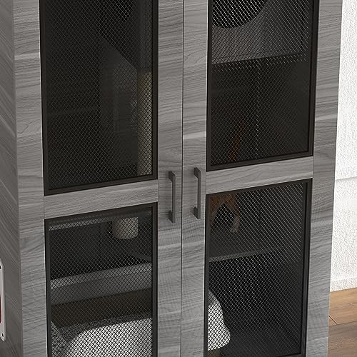 PawHut Luxury Cat House with Wheels, Kitty Cage Catio Villa for Indoor Cats with Scratching Posts, Condo, Flap Door, Cushion, Gray, 31.5" x 20" x 48.5"