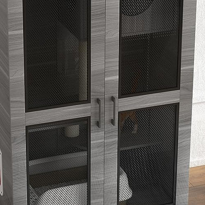 PawHut Luxury Cat House with Wheels, Kitty Cage Catio Villa for Indoor Cats with Scratching Posts, Condo, Flap Door, Cushion, Gray, 31.5" x 20" x 48.5"