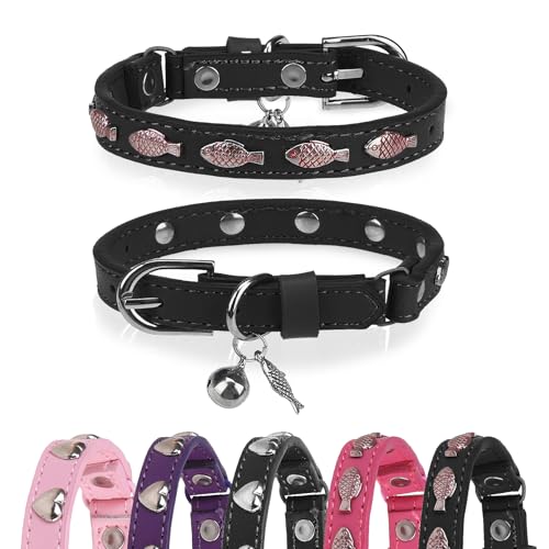 Leather Cat Collars for Boy Girl Cats with Bell and Safety Elastic Belt, Personalized Love and Fish Stud Adjustable Safe Buckle Collar for Kitty Small Big Cats Size 8-11 Inch, Black - color: Black_Fish, size: 8"-11" Cats / Mini Dogs(Pack of 1)