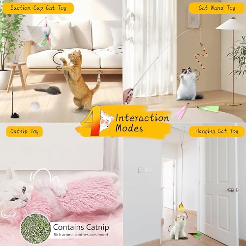 4-in-1 Interactive Cat Feather Toys with Durable Retractable Fishing Pole, Enhanced Suction Cup Toy, Door Hanging Teaser Toy and 11 Attachments Replacements for Bored Indoor Adult Cats - style: 16 Wand /Suction Cup