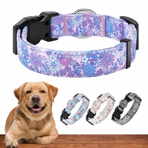 Art Tribute Dog Collar for Medium & Large Dogs - Flowers Cotton Padded Pattern on Long Lasting, Adjustable, Strong and Durable Collars- Choose from Stunning Patterns and Colors - color: Purple Lavender, size: Medium