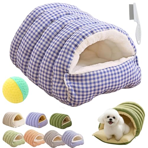Winter Cave, Cozy Monster Cat Bed with Removable Washable Cushion, Soft Warm Plush Enclosed Tent Bed Cat House with Non-Slip Bottom for Cat and Dog (Purple Plaid, M) - color: Purple Plaid, size: M