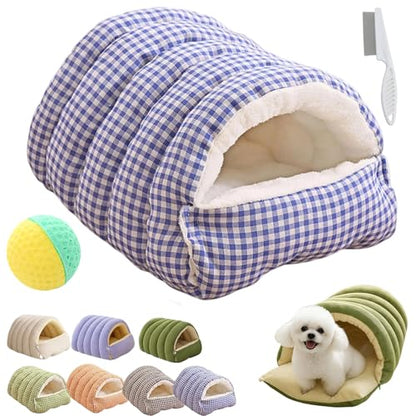 Winter Cave, Cozy Monster Cat Bed with Removable Washable Cushion, Soft Warm Plush Enclosed Tent Bed Cat House with Non-Slip Bottom for Cat and Dog (Purple Plaid, M) - color: Purple Plaid, size: M