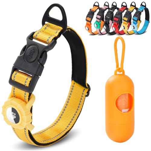 JSXD AirTag Dog Collar, Night Reflective Nylon Dog Collar for Small Medium Large Dogs,Lockable Quick Release Buckle,Padded Breathable Pet Collar with AirTag Holder (Yellow, Small) - color: Yellow, size: Small(9.4"-12.6")